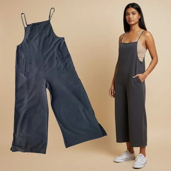 Lagenlook Lightweight Overalls Adjustable Cropped Charcoal Grey Size S/M - Picture 1 of 16